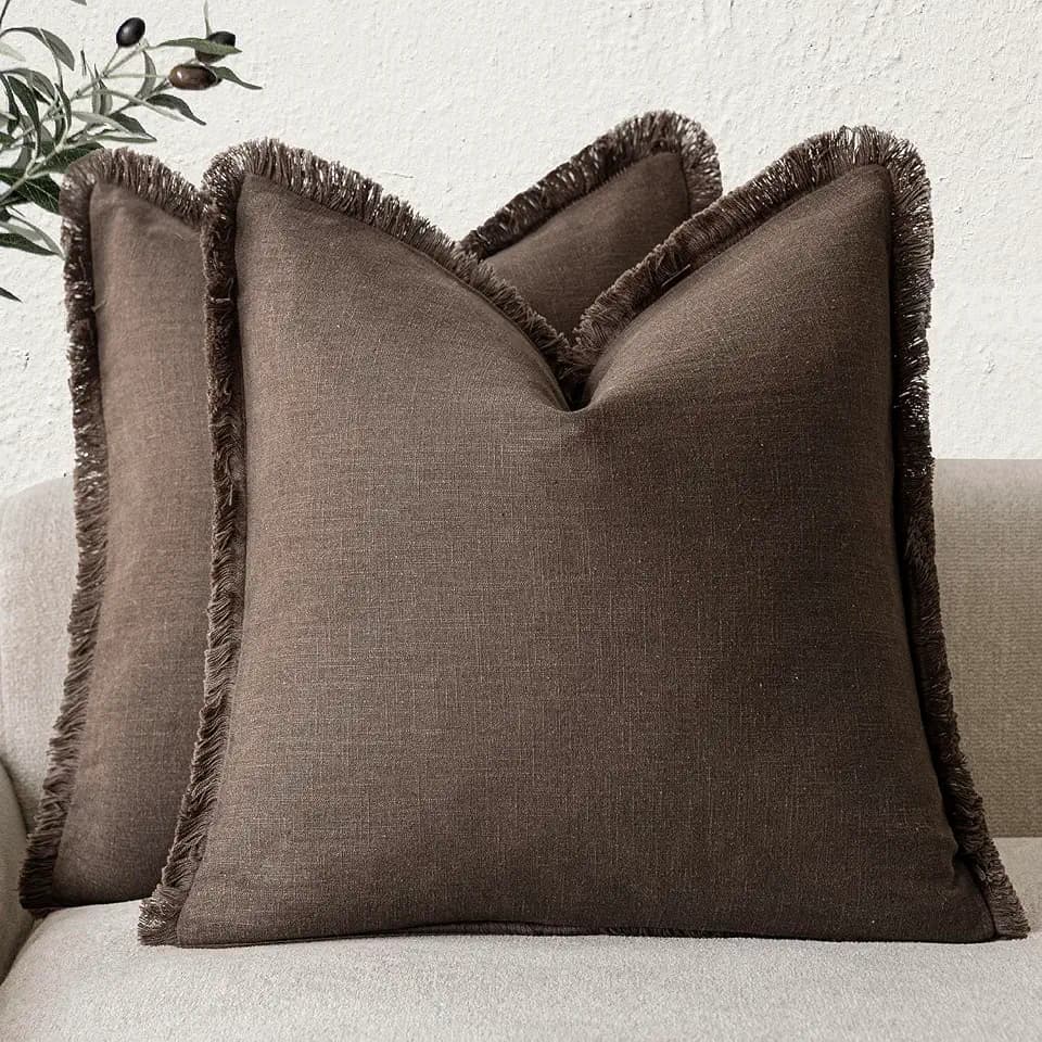 Foindtower Decorative Linen Fringe Throw Pillow Covers 22×22 Reddish Brown