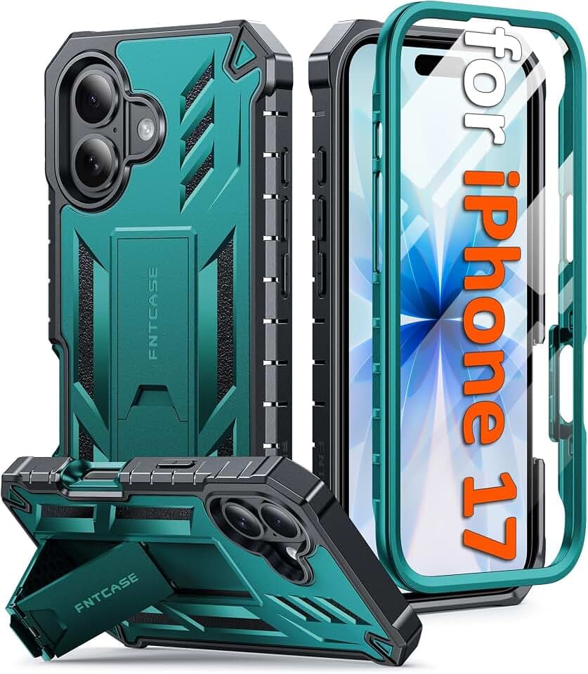 FNTCASE for iPhone 17 Case with Built-in Screen Protector and Kickstand