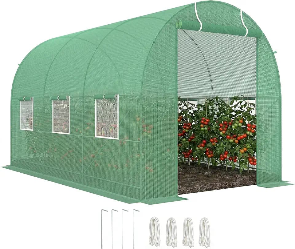 Outsunny Garten Gewächshaus Tunnel Bodenfläche 7m² 3,5L x 2B x 2H m Verstärkter Rohrrahmen Reißverschlußtür 6 aufrollbare Fenster grün