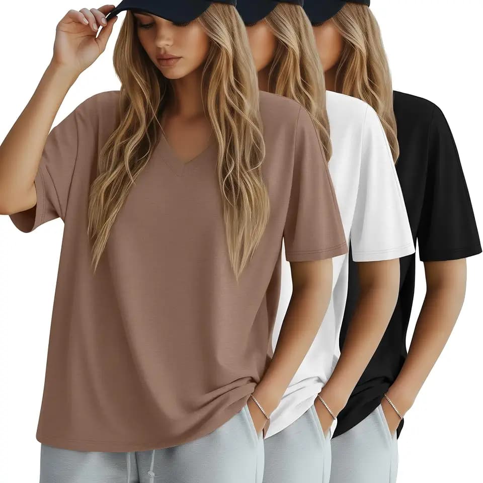 Huukeay 3 Pack Women's Oversized Cotton Shirts V Neck Summer Top