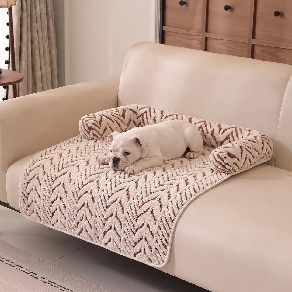 Calming Dog Couch Bed Mats with Neck and Head Support, Fluffy Plush Pet Sofa Cover for Small Medium Dogs and Cats, Non-Slip Bottom, Machine Washable