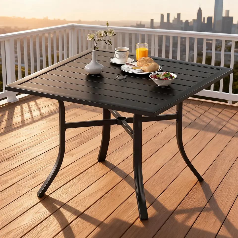 DWVO Patio Dining Table for 4, 37" Square Black Outdoor Dining Table with Umbrella Hole, Heavy Duty Metal Outdoor Patio Table for Garden Backyard Lawn, Weatherproof E-Coating Finish