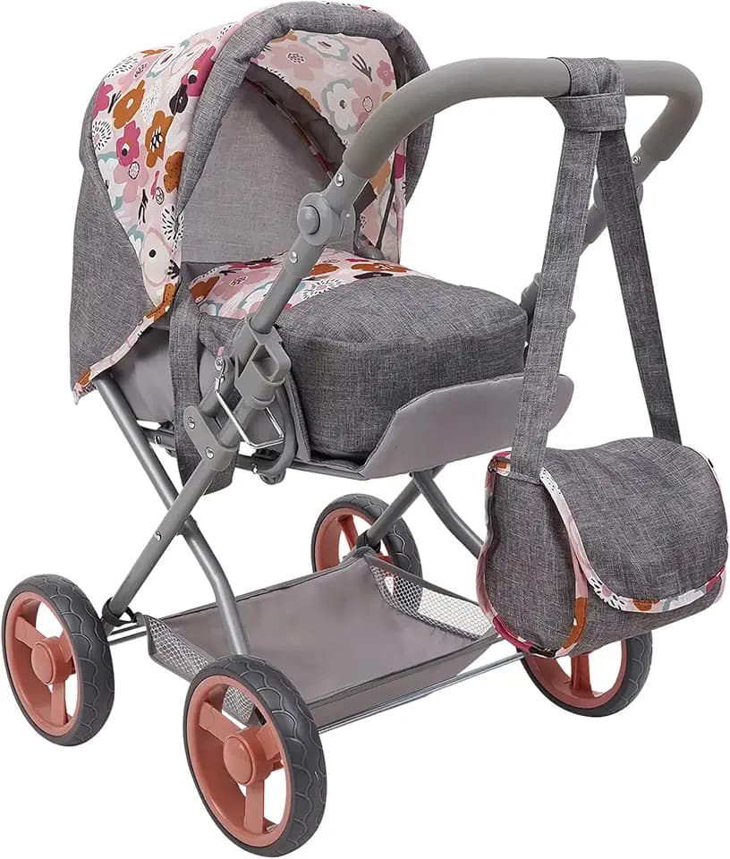 509 Crew: Melange Flora - Kelly Deluxe Doll Pram - Matching Bag, Removable Carrycot, Large Canopy, Shopping Basket, Doll Accessory, Kids Toy, Ages 3+
