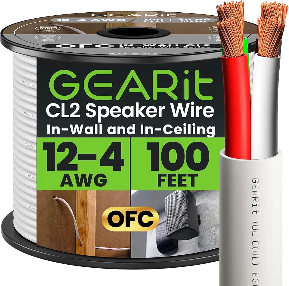 GEARit 12 Gauge Speaker Wire 12/4 AWG 100FT OFC in Wall CL2 Rated Cable