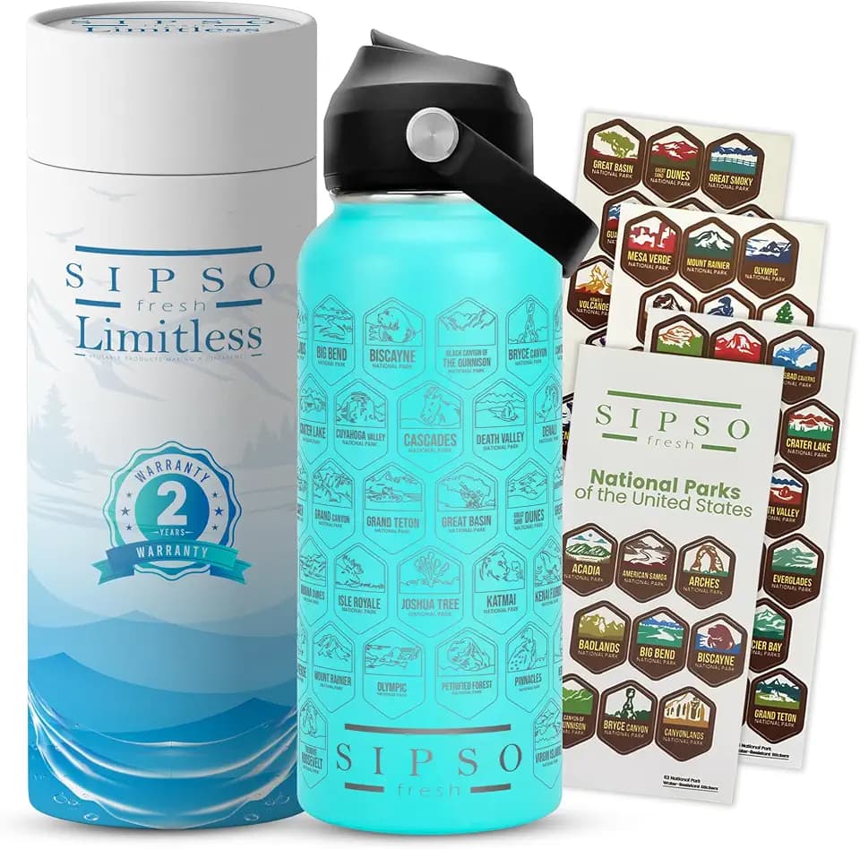 Hiking Gift Water Bottle – 32 oz Vacuum Insulated Stainless Steel National Park Water Bottle | 63 Waterproof Stickers & Premium Gift Box | Camping & Outdoor Adventure Gifts (Turquoise)