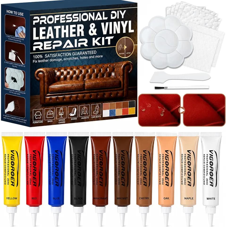 Vigorder Leather Repair Kit for Furniture, Vinyl Repair Kit for Car Interior, Sofa, Purse and Jacket, Restore Any Material with Super Easy Instructions to Fix Scratches, Tears, Holes, Peeling