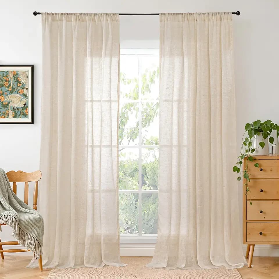 BGment Linen Curtains 98 Inches Long for Living Room - Natural Semi Sheer Light Filtering Drapes with Rod Pocket Floor Length Lightweight Window Treatments for Bedroom, 2 Panels Set, 52 X 98 Inch