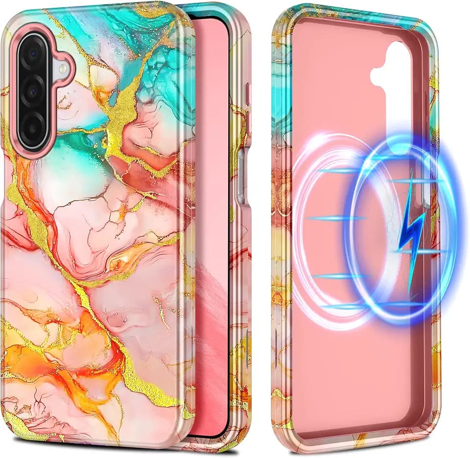 Casetego for Galaxy A17 5G Case,Compatible with MagSafe,[Military Grade Drop Test] Full Body Protection Slim Shockproof Rugged Marble Women Case for Samsung Galaxy A17 5G 6.7 inch,Celeste/Pink