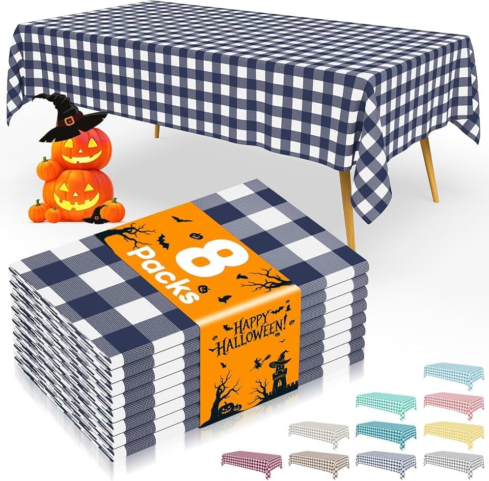 Smiry 8 Packs Gingham Disposable Table Cloth, 54 x 108 Inch Waterproof Plastic Tablecloth, Rectangle Navy and White Checkered Table Covers for Picnic, Birthday, Party