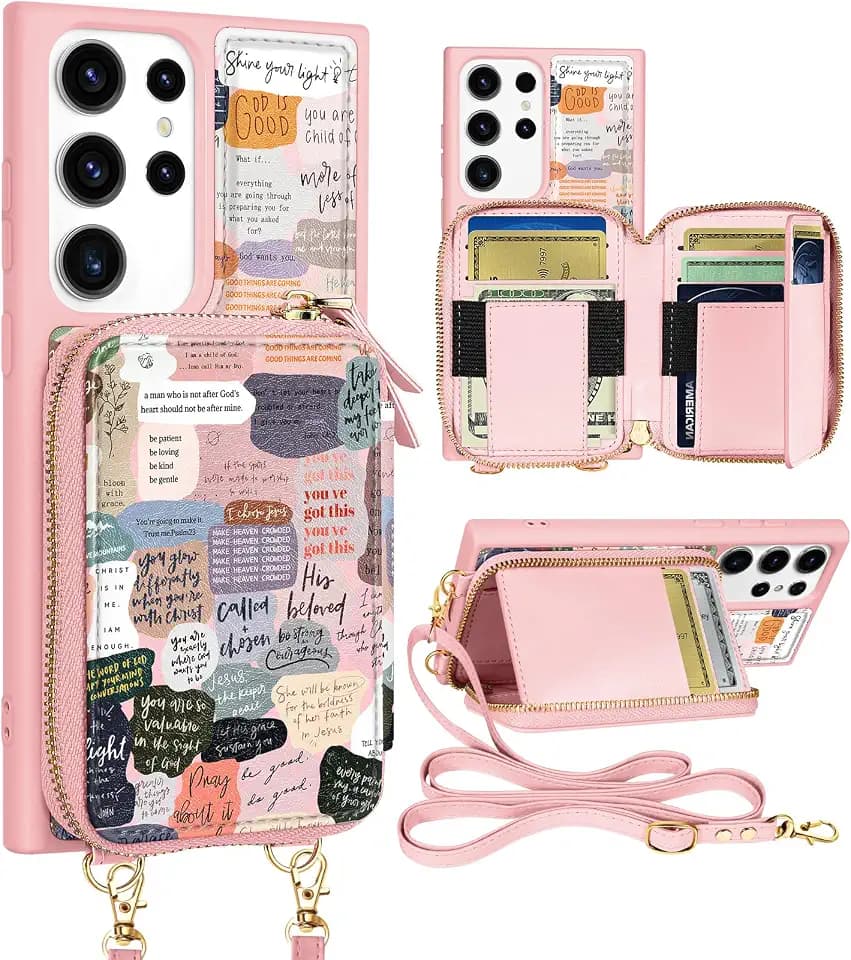Shorogyt for Samsung Galaxy S23 Ultra Case Wallet Crossbody, RFID Blocking Card Holder Slots Designer Christian Quotes Leather Handbag Purse Phone Cases with Lanyard for S23 Ultra