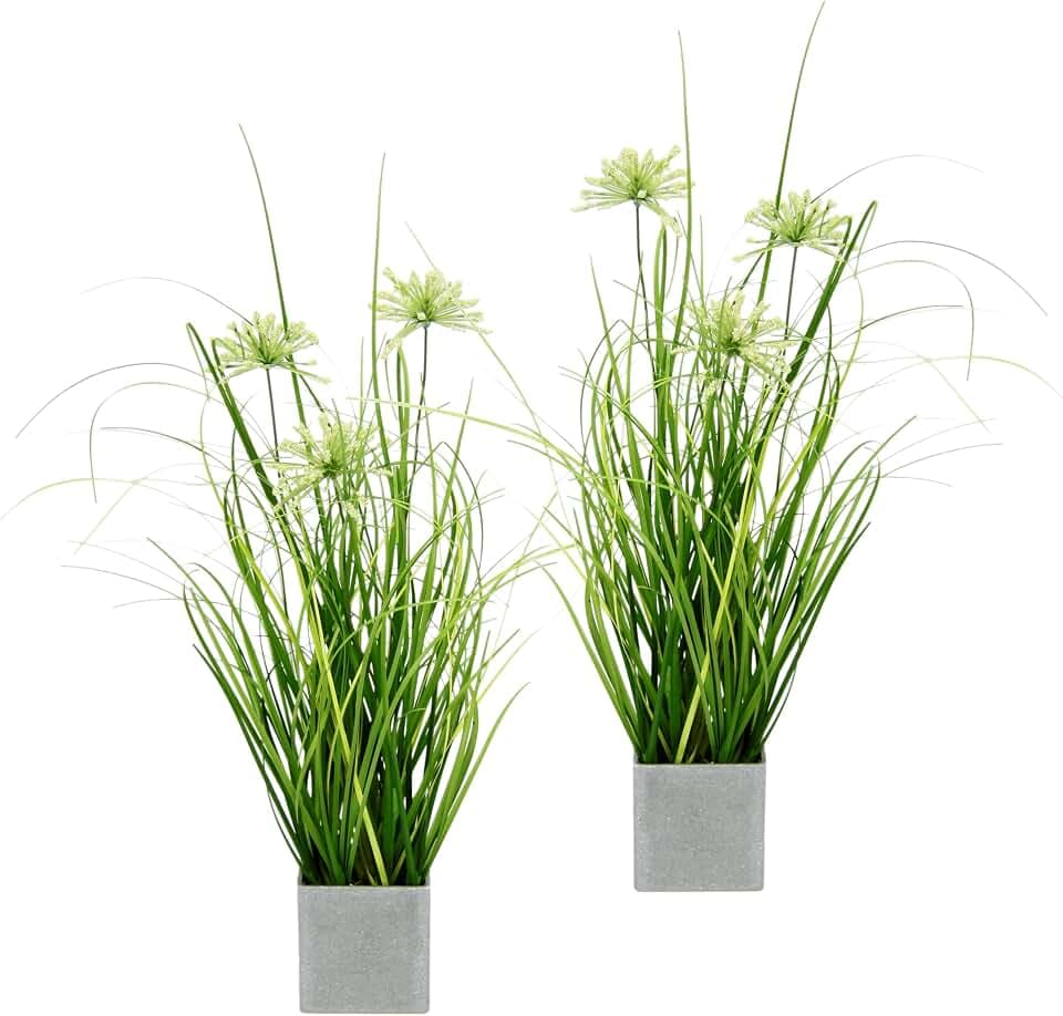 Künstlicher Grasbusch mit Blüten im Topf 2er Set Kunstgras Dekogras Gräser Kunstpflanze Grünpflanze Pflanze Ziergras Stehgras Sträucher Kunstblume Balkon Busch Grasbüschel Zimmerpflanze Lauchpflanze