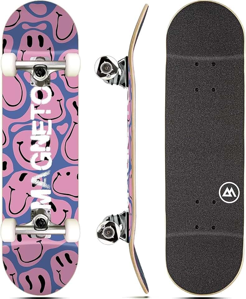 Magneto Complete Skateboard | 6-Layer Canadian Maple Double Kick Concave Deck | Beginners, and Teens