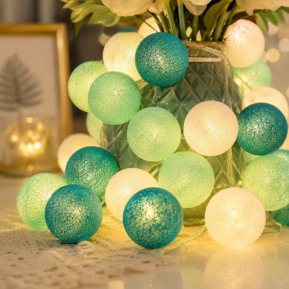 ALEGRE® 3M 20LED Baumwollkugeln Lichterkette Kugeln, 4cm Cotton Ball Lichterkette Kinderzimmer Mädchen Jungen, Grün Kugel Lichterketten Baumwollkugeln für Hochzeit,Zimmer,Schlafzimmer,Weihnachten Deko