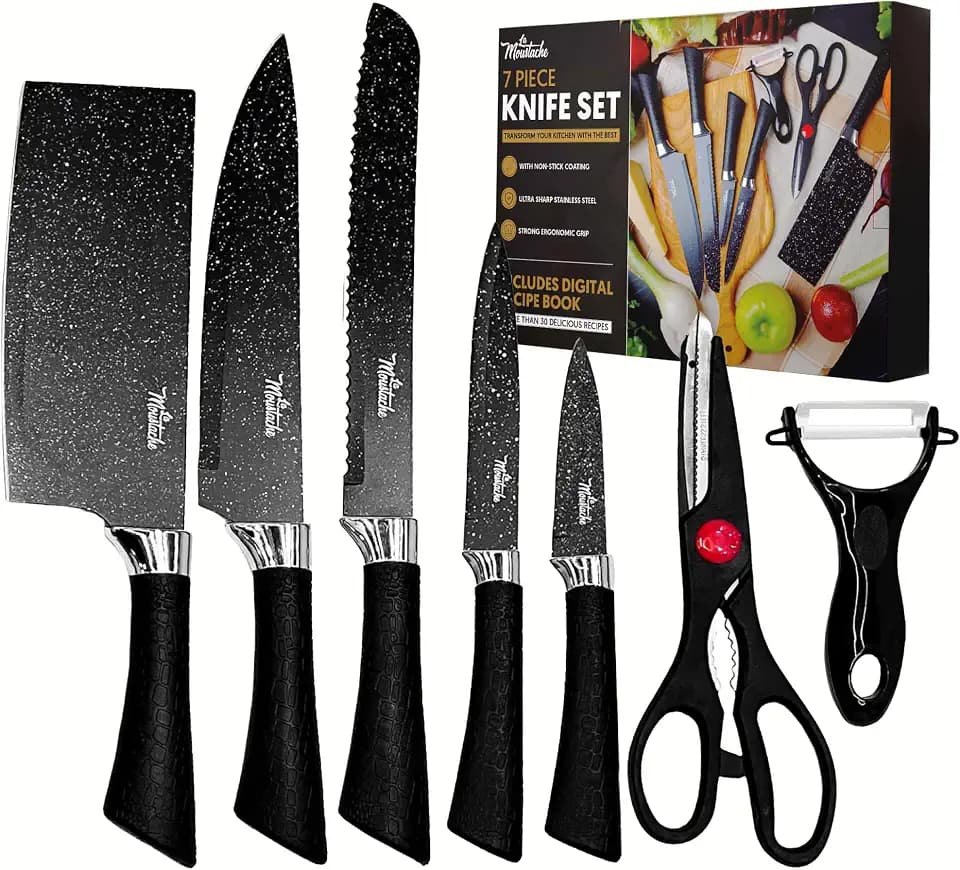 La Moustache - Küchenmessersets Professionelles mit Gemüseschäler und Küchenschere Nussknacker-Dosenöffner, 7-Teiliges, Gemüsemesser, Rostfrei/Antihaftbeschichtung, Hitzebeständig (Marmor)