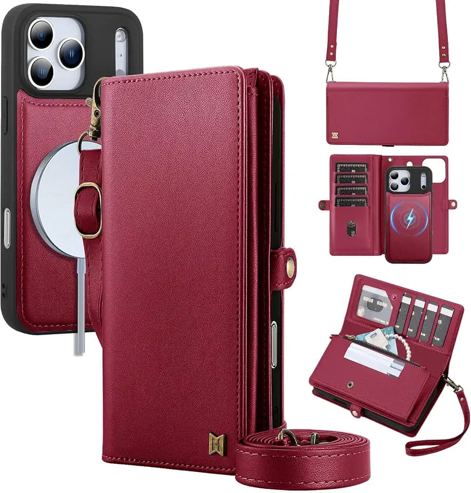 for Wallet Case Compatible with iPhone 17/18 Pro,Multi-Function Detachable Magnetic iPhone 17/18 Pro Case Wallet,Flip Strap Zipper Card Holder Phone Case with Shoulder Straps (Red)
