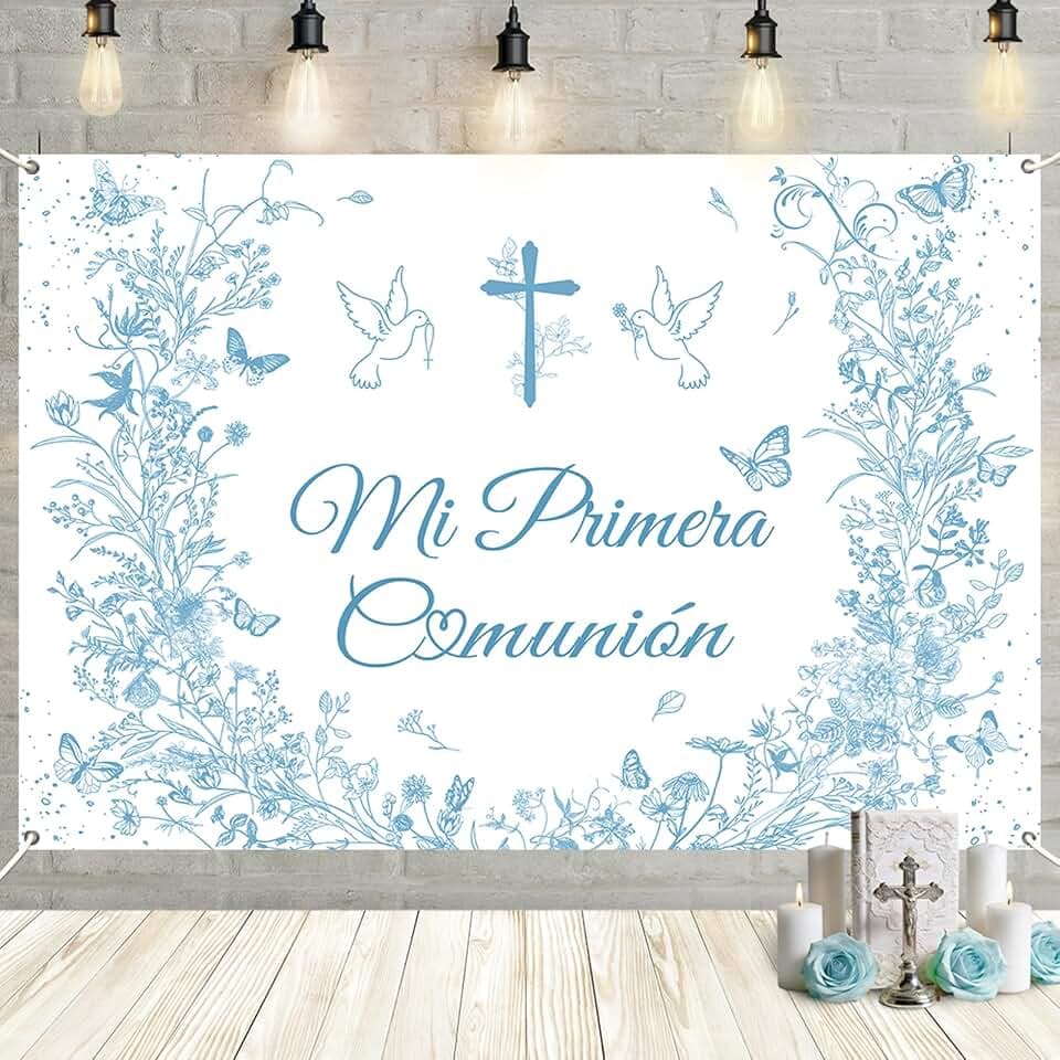 MEHOFOND 71x43 Inch Mi Primera Comunión Backdrop Vintage Floral Baptism Decorations Blue Flower First Holy Communion Photography Background God Bless Christening Party Backdrop Banner Photo Booth Prop