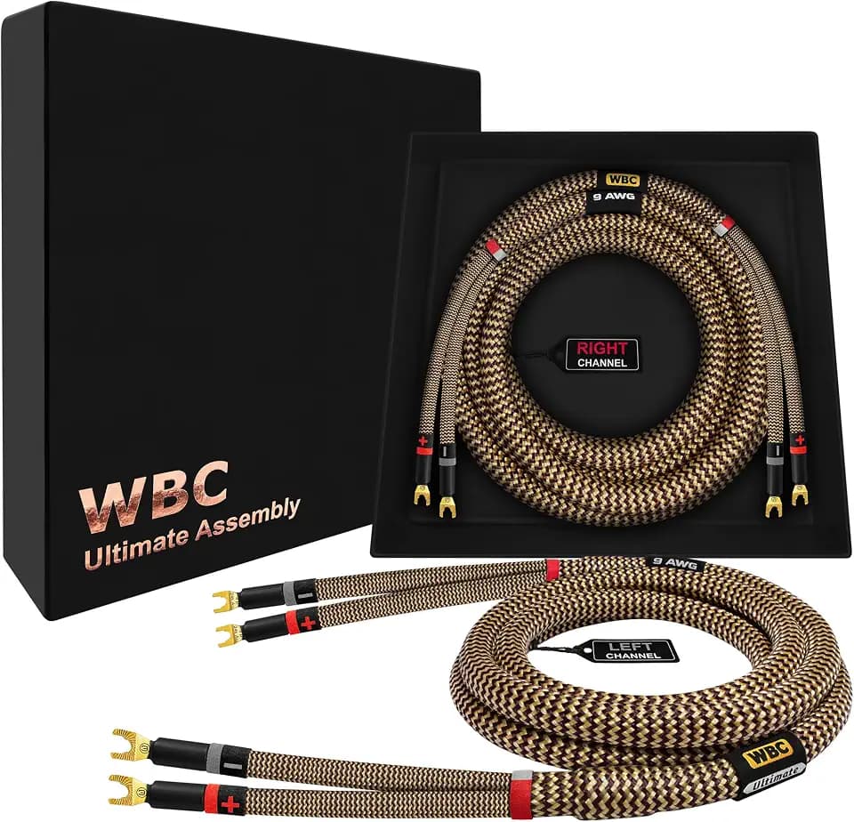 WORLDS BEST CABLES 3 Foot Ultimate - 9 AWG - Ultra-Pure OFC - Premium Audiophile HiFi Speaker Cable Pair with Eminence Spade Plugs & TnBrwn Tweed Jacket