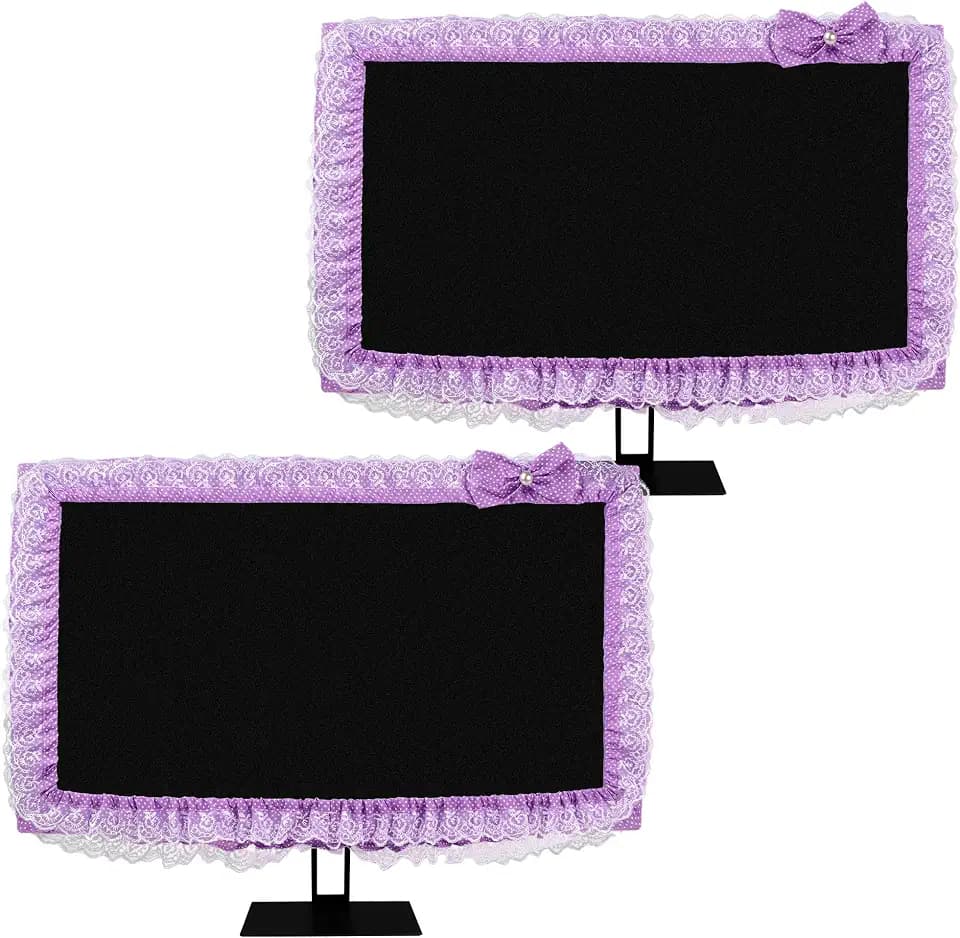2 Pack Cute Computer Monitor Cover, 23''-26'' Elastic Monitor Dust Cover with Bow Knot, Lovely Monitor Accessories Screen Monitor Decoration for Tablet (Purple)