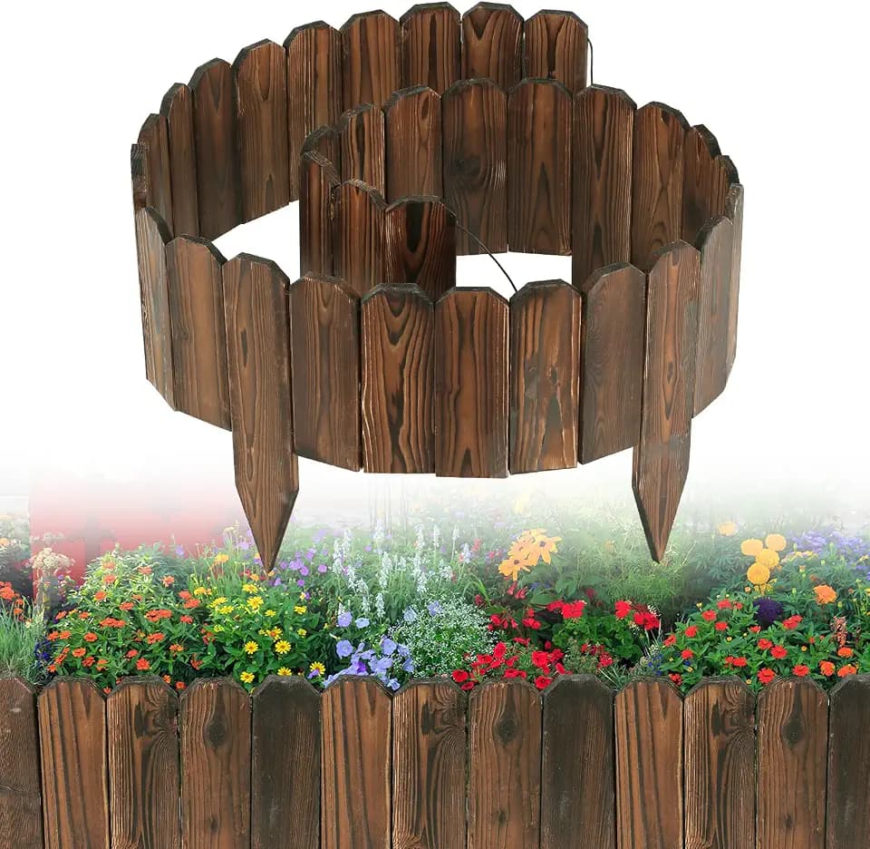 Rustic Pine Wood Landscape Edging - 7.8ft L x 8in H Garden Fence Border, Easy to Install Sturdy Wooden Planter Fencing for Yard Flower Bed Lawns Pathway Tree
