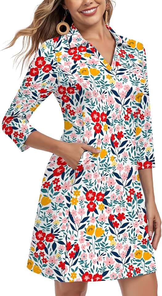 Soneven Women's 3/4 Sleeve Dress with Pockets UPF 50+ Sun Dress Breathable Quick Dry Beach Cover Ups