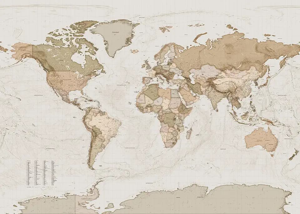 Komar Vlies Fototapete Earth Map - Größe: 350 x 250 cm - 7 Bahnen, Bahnbreite 50 cm - Weltkarte, Retro, Landkarte, Tapete, Dekoration, Wandtapete, Wandbild, Wandbelag, Designtapete - X7-1015