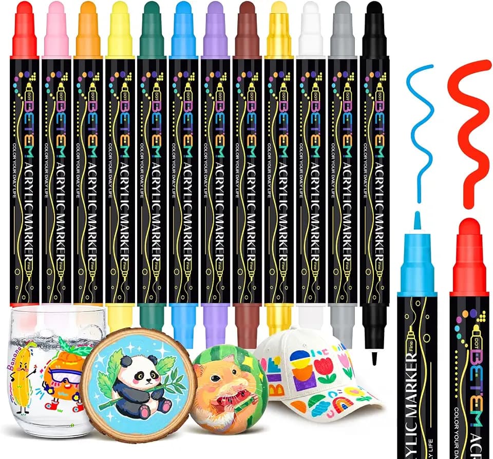 Betem 12 Farben Acrylstifte mit Doppelspitze, Wasserfest | Hochwertige Acrylmarker für Stein, Holz, Leinwand, Glas, Keramik, Felsmalerei,Ostereier, Christmas, Basteln & Kunstbedarf