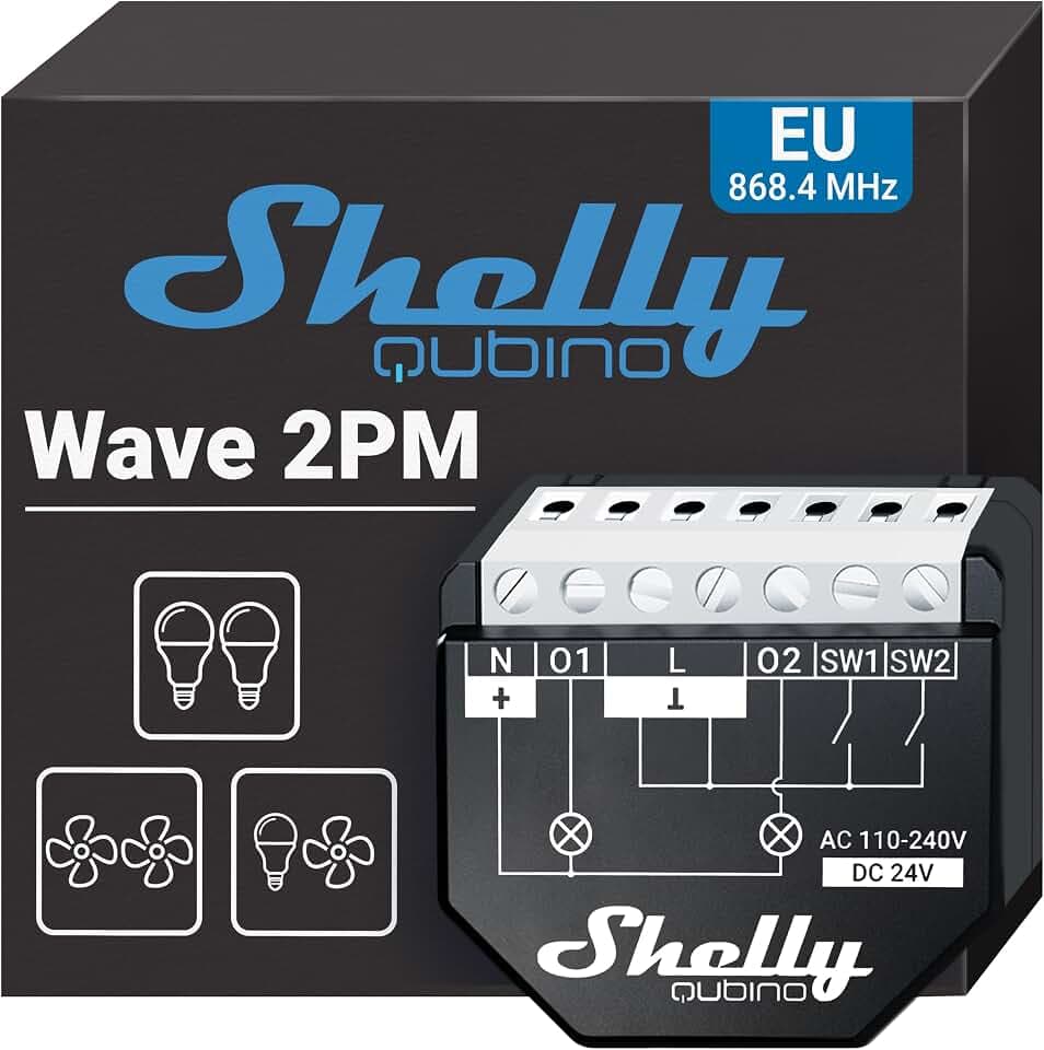 Shelly Wave 2PM | Z-wave Smart Schalter Relais | 2 Kanäle 16 A mit Strommessung | Hausautomation | Z-Wave-Gateway erforderlich | Geringer Stromverbrauch | Z-Wave Repeater | Hohe Kompatibilität