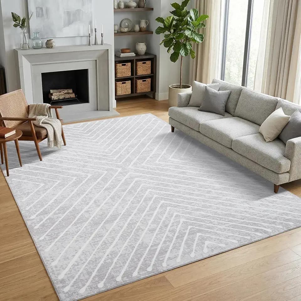 Garvee 9x12 Washable Rugs for Living Room Geometric Rug, Light Grey