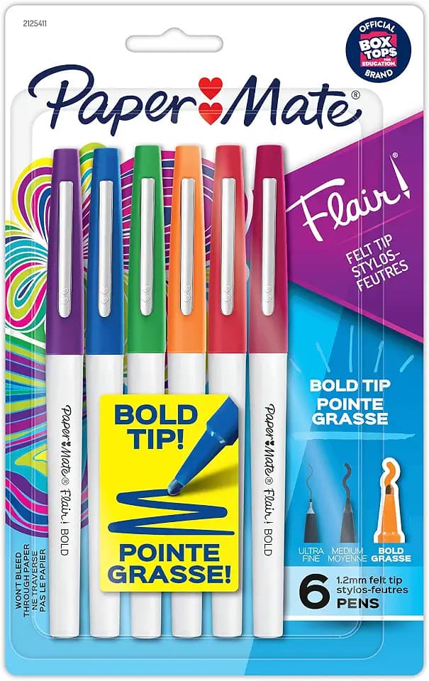 Paper Mate Flair Pens, Felt Tip Pens, Bold Tip (1.2 mm), Assorted Colors, 6 Count