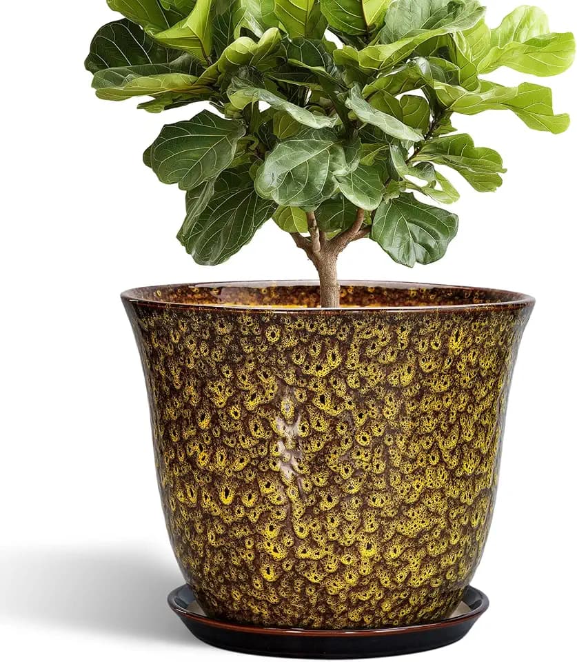 12 Inch Plant Pot - Ceramic Pots for Plants with Drainage Hole and Saucer, Round Planter for Indoor Outdoor, Large Flower Pots, Modern Planter, Patio House Decor, Plant Lovers Gifts, Yellow