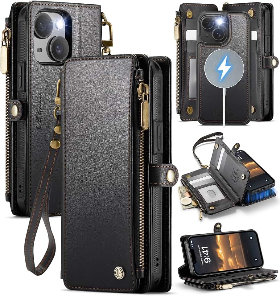 Defencase for iPhone 15 Plus Case Wallet Compatible with Magsafe, Black