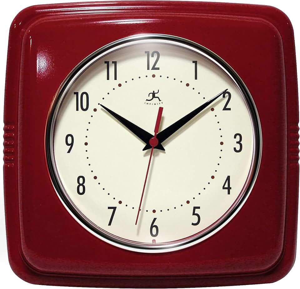 Infinity Instruments, quadratische, stille Retro-Wanduhr, 22,9 cm, Mitte des Jahrhunderts, Moderne Küche, Esszimmer, Retro-Wanduhr, Quarz-Uhrwerk, (Rot)