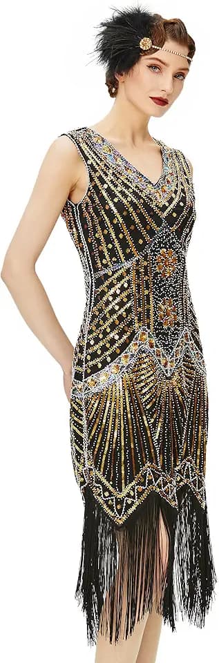 BABEYOND Damen Flapper Kleider voller Pailletten Retro 1920er Party Damen Kostüm Kleid Gold, XL