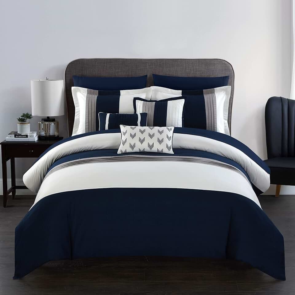 Chic Home Navy Bed in a Bag Comforter Set, King Size (10 Pieces), Ayelet - Color Blocked Stripes Premium Microfiber Bedding - Comforter, Flat & Fitted Sheets, Shams, Pillowcases & Decorative Pillows