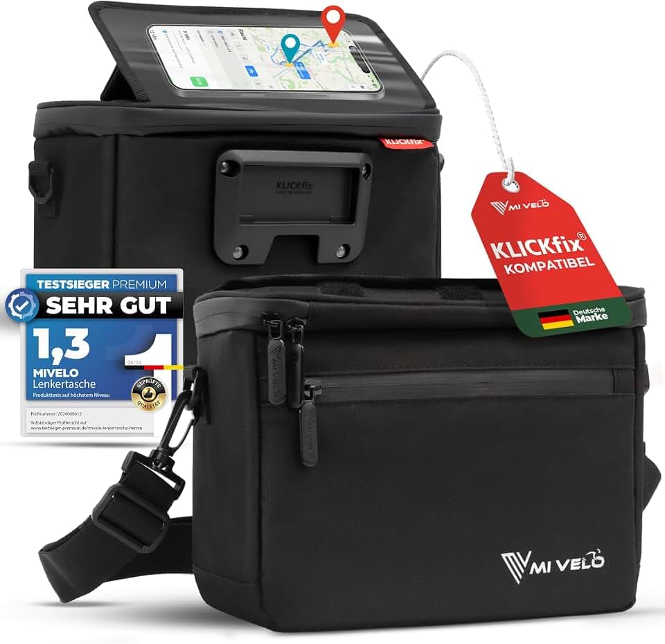 MIVELO Lenkertasche Fahrrad - Fahrradtasche Lenker - wasserabweisend & geräumig - Lenkertasche - Tasche Lenker - E-Bike tauglich - mit Handyfach (Schwarz, ohne Adapter)