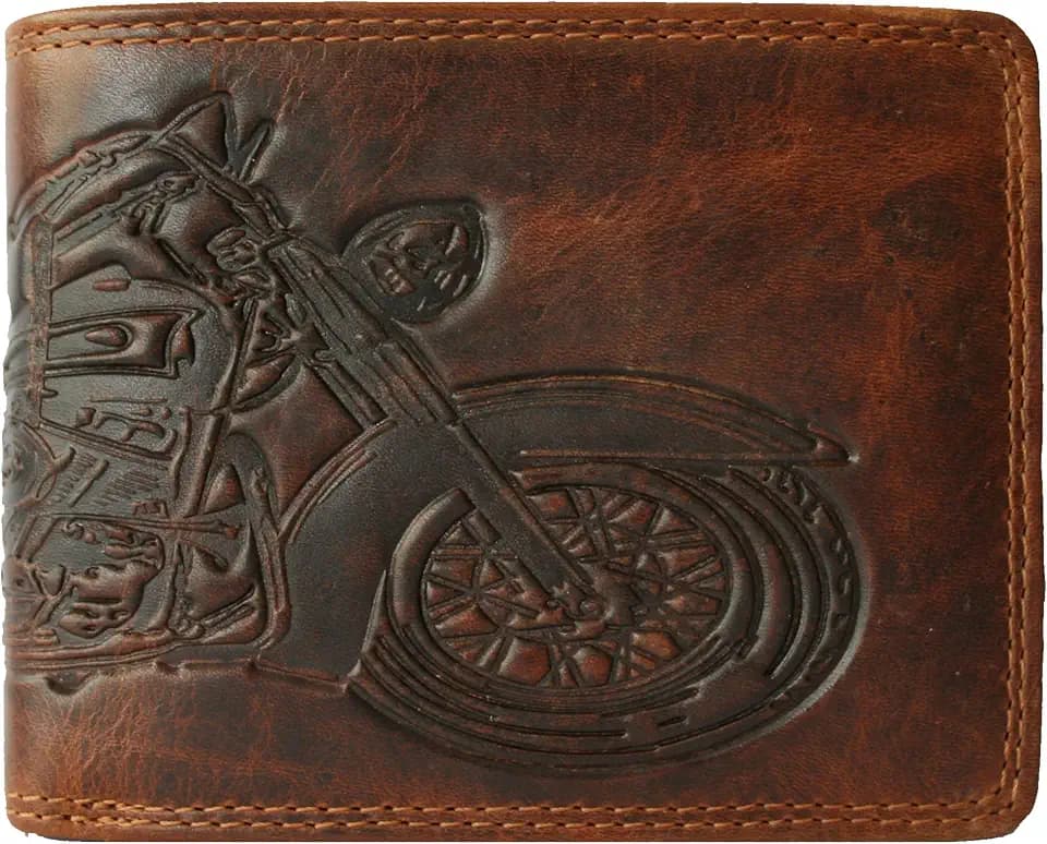 Geldbörse aus Leder für Herren RFID-Schutz Münzfach Geldbeutel Portemonnaie | Geschenk für Männer (braun Motorrad, Motorcycle, Motorbike, Motors) (Querformat)