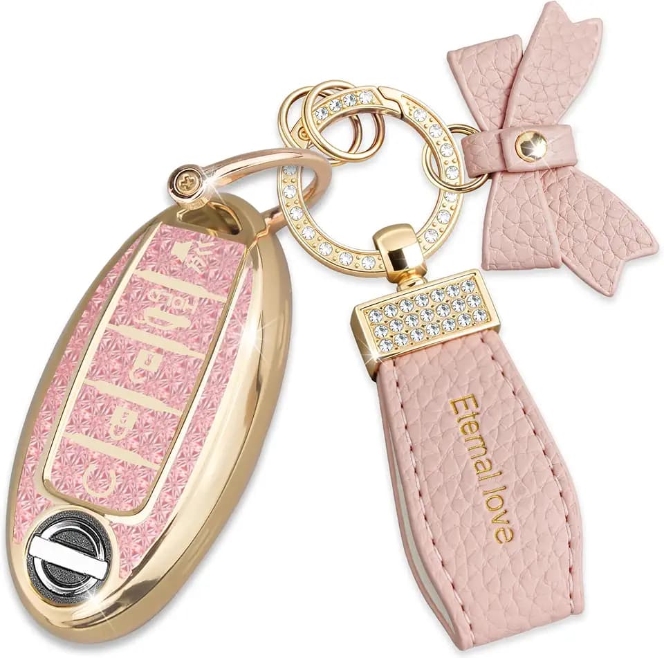 Key Fob Cover with Diamond Keychain for Nissan Car Key Shell Compatible with Nissan Altima Rogue Sentra Pathfinder Frontier Maxima Titan Murano Kicks Juke Versa (5 Buttons-Pink Bowknot)