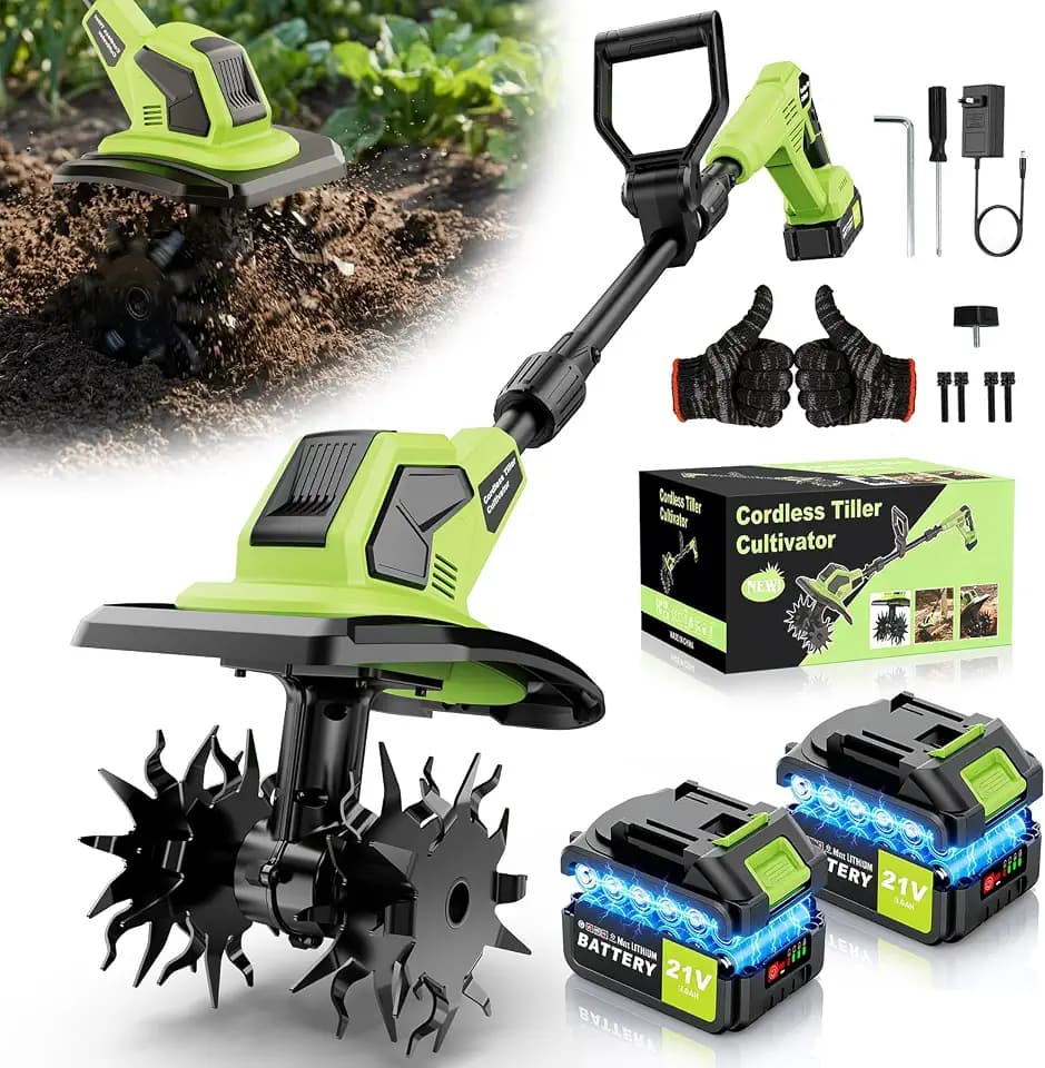 6000mAh Brushless Cordlees Tiller for Gardening,9" Width 7" Depth