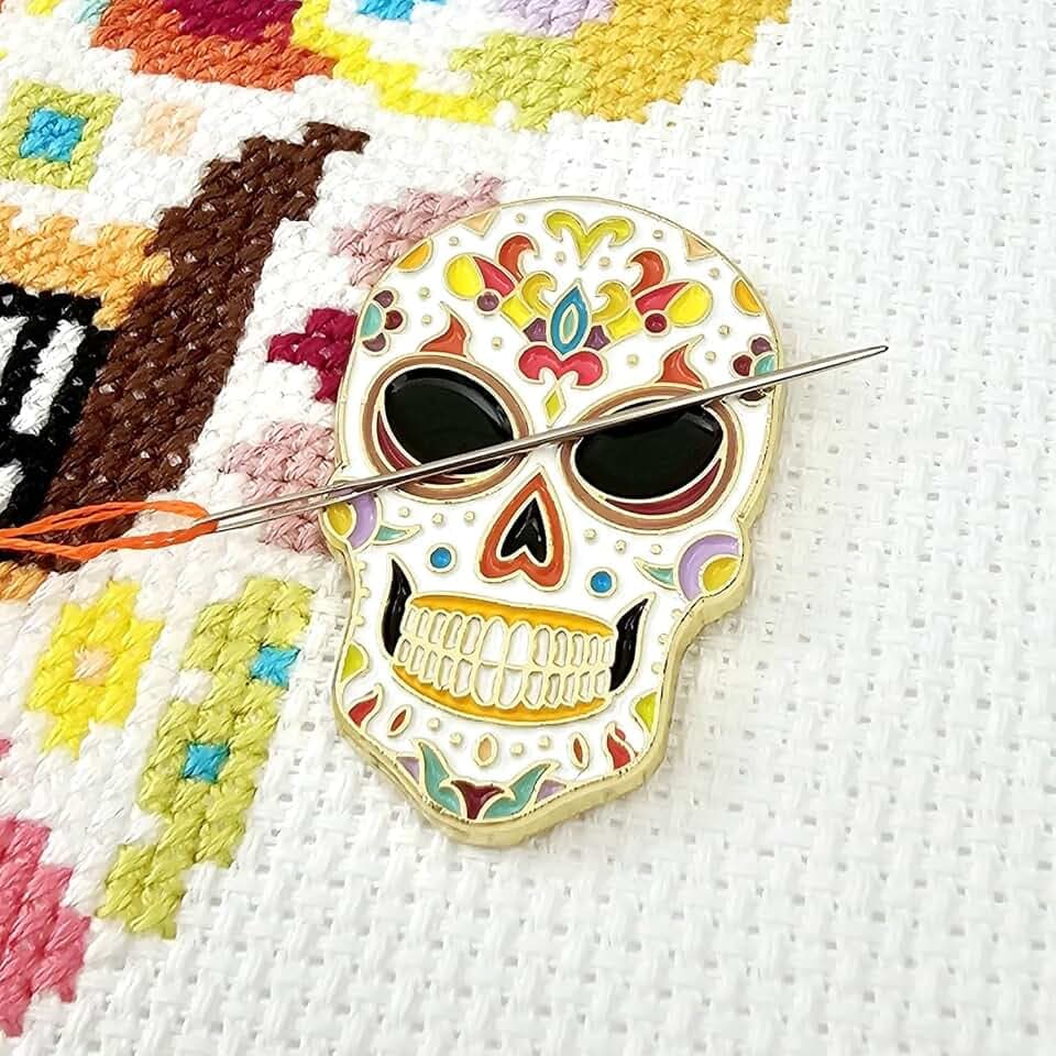 Meloca Designs Skull Candy Needle Minder - Magnetic Needle Holder with Strong Rare-Earth Magnet for Cross Stitch, Embroidery & Quilting - Enamel Skull Stitching Accessory & Craft Gift for Sewers