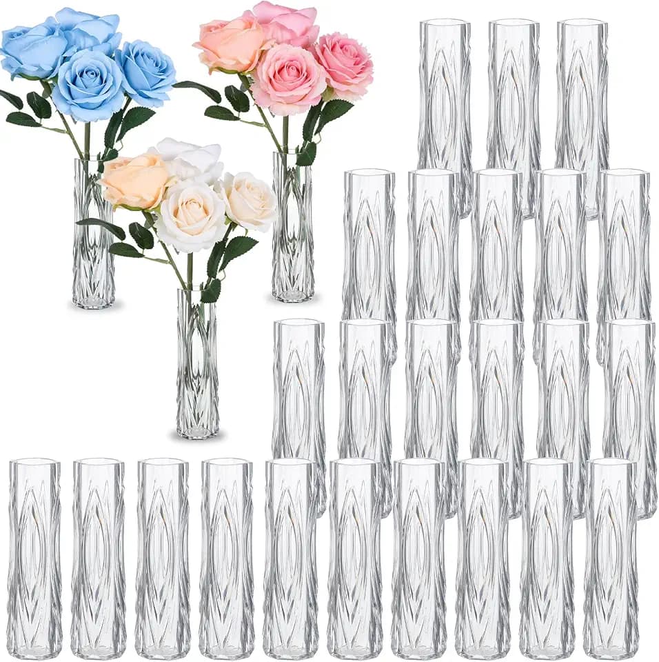 24 Pieces Plastic Bud Vases Bulk Small Plastic Vases Clear Container for Flowers Height Shatterproof Bud Vase for Centerpieces Wedding Home Decor Living Room Housewarming Party