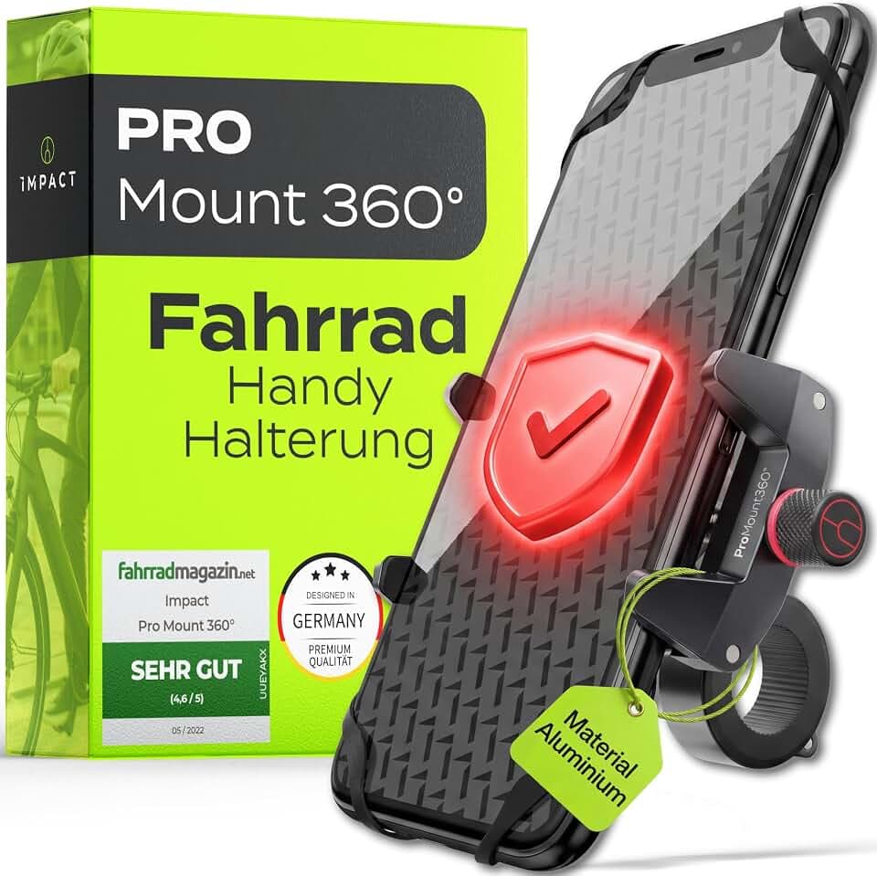 Impact® Pro Mount 360° - Handyhalterung Fahrrad [Smartphone KOMPATIBEL 4-7 Zoll] - Handyhalter Fahrrad - Handyhalterung für Fahrrad Lenker mit Kugelgelenk & Sicherheitsgummi - iPhone 16 17 Pro Max