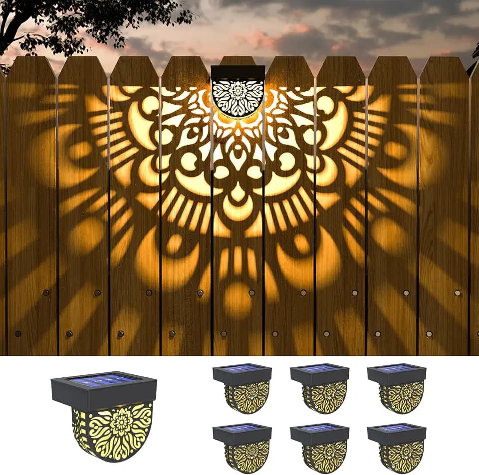 6 Pack Solar Fence Lights Outdoor Wall Lights Black Plastic Solar Powered Deck Step Stair Lights Mandala Theme Waterproof Fence Solar Light for Garden Post Patio Backyard Yard Decor