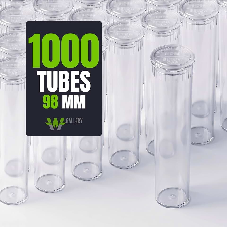 W Gallery 1000 Clear 98mm Open Cap Pop Top Tubes, Airtight Pill Bottles