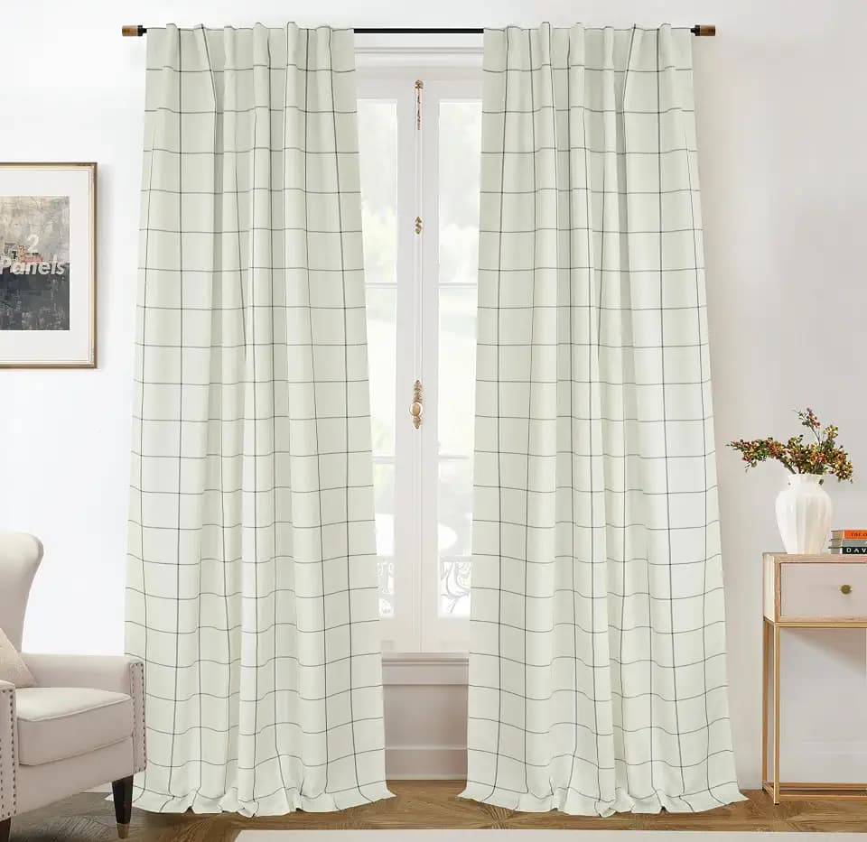 DriftAway 100% Blackout Plaid Linen Curtains 108 Inches Long 2 Panels Black
