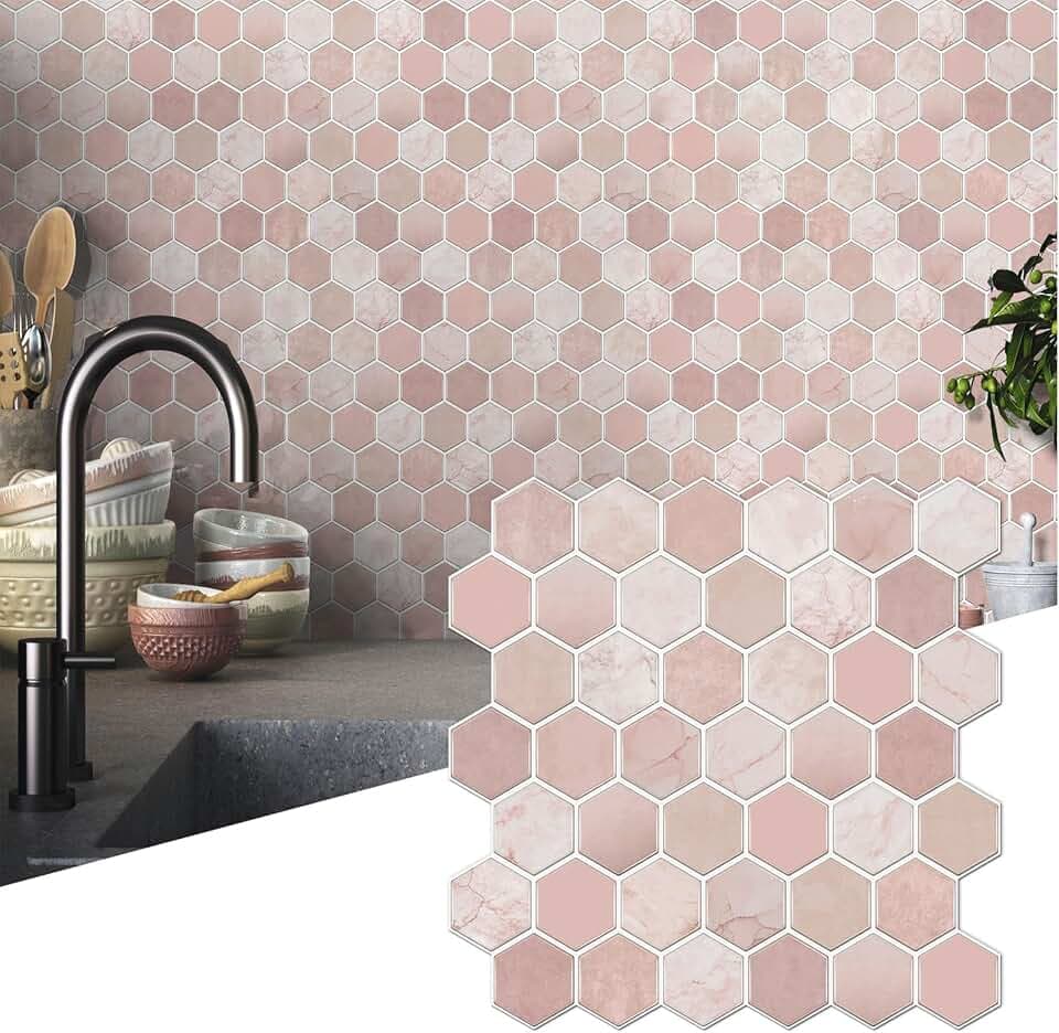 Fliesenaufkleber 30x 30cm Klebefliesen Fliesenfolie für Küche Bad, 10 Stück Selbstklebend Wasserdicht 3D Küchenrückwand Wandfliesen-Aufkleber (Rosa)