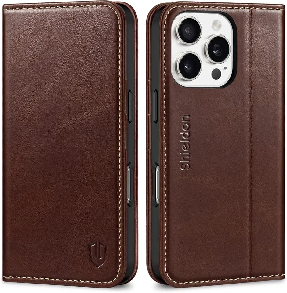 SHIELDON Real Leather Case Wallet for iPhone 16 Pro 6.3" 2024, Retro Coffee