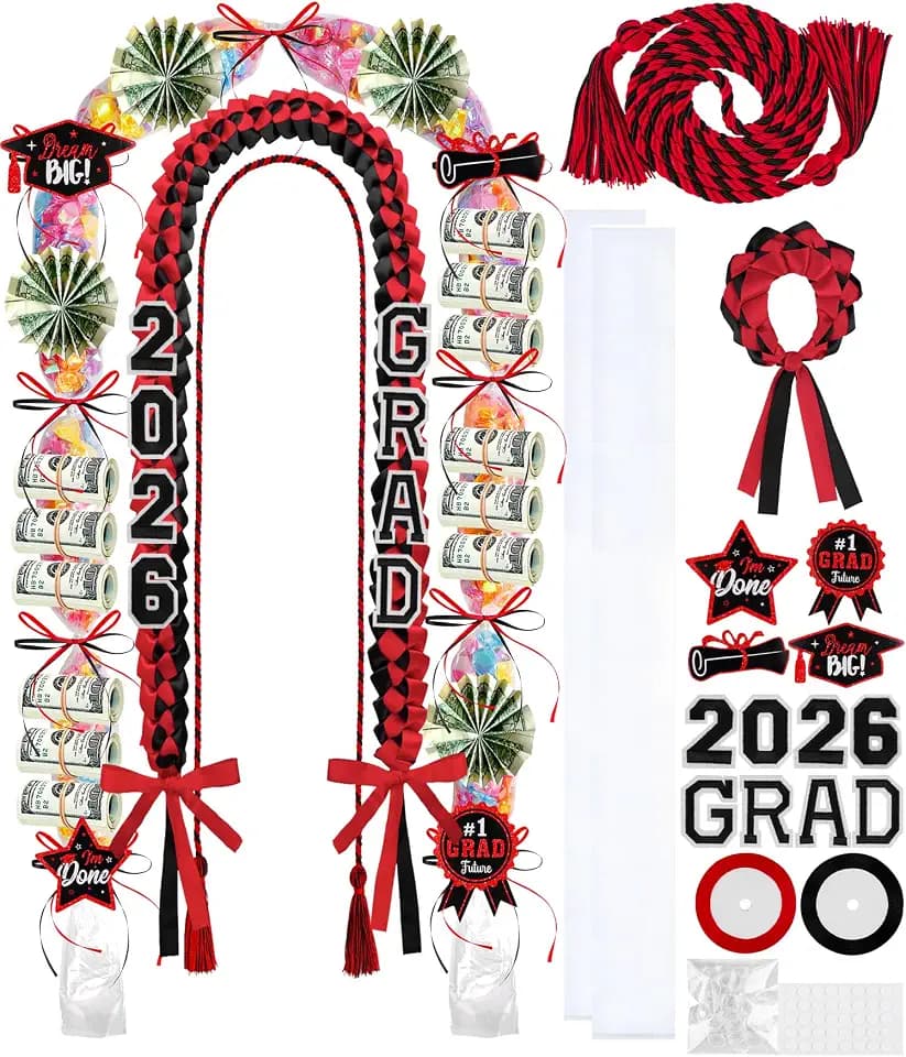 LUYI 18 Pcs 2026 Graduation Lei Making Kit, Graduation Necklace Candy Leis Class of 2026 Double Layer Ribbon Money Lei Accessories with Bracelet & Honor Cord for DIY Graduate Gifts Women Men