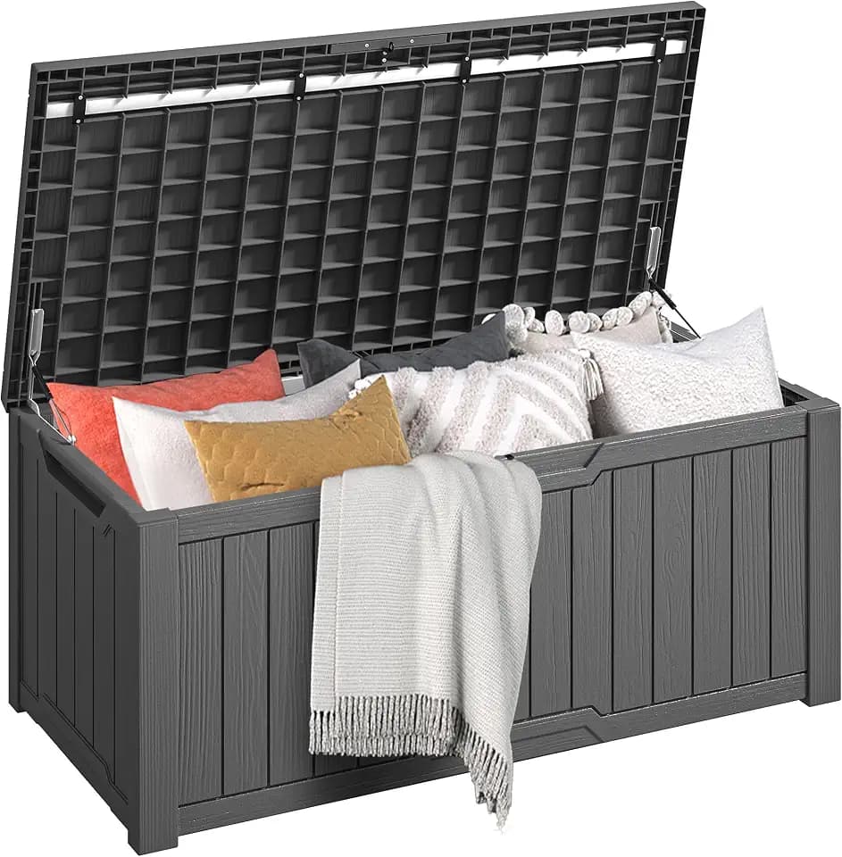 DWVO Gartenbox|450 Liter 142.1x67.6x60cm|Auflagenbox Aufbewahrungsbox Garten Kissenbox Outdoor Gartentruhe |Wasserdicht Gasdruckfeder|Für Sitzauflagen Gartengeräte & Kinderspielzeug|Dunkelgrau