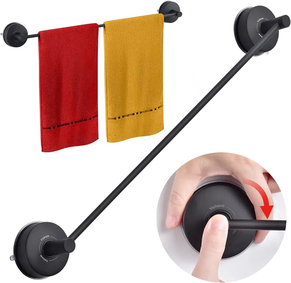 YOHOM Suction Cup Towel Bar for Shower 22 Inch Stainless Steel Bathroom Hand Towel Holder Suction Washcloth Holder Kitchen Towel Rack for Glass Shower Door Removable Towel Rod Rail Matte Black