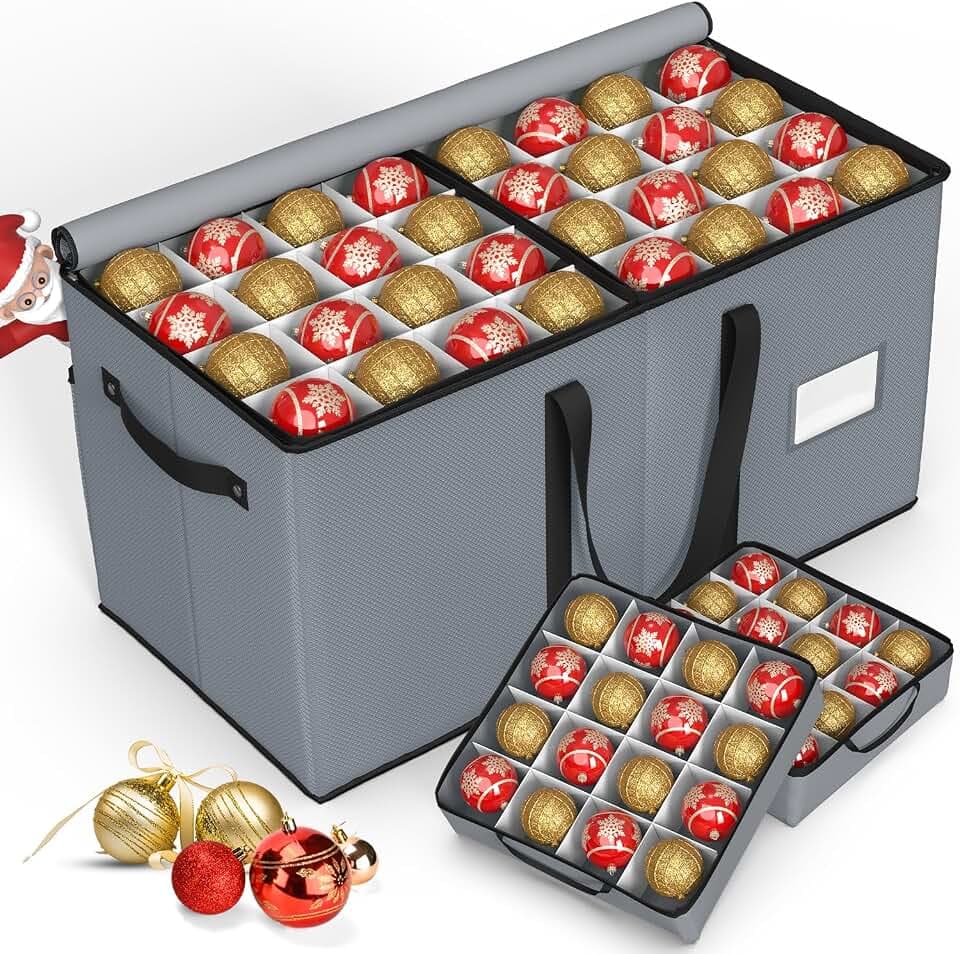 Keten Large Christmas Ornament Storage Boxes with Adjustable Dividers